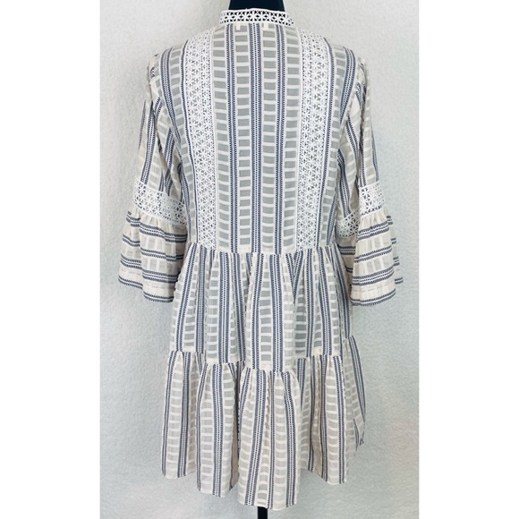 SANDRO • Ecru/White/Navy Stephanie Stripe Boho Lace-Trim Tiered Mini Dress, S - Picture 13 of 16